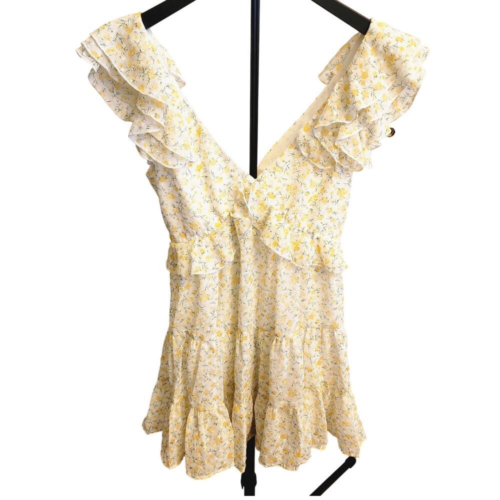 Yellow Floral Cottagecore Dress M Ruffle Tie Back NWOT
